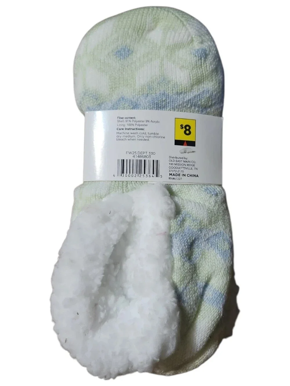 NWT Women's Slipper Socks Anti-Slip Grip Fleece-Lined Sz 4-10 Green White